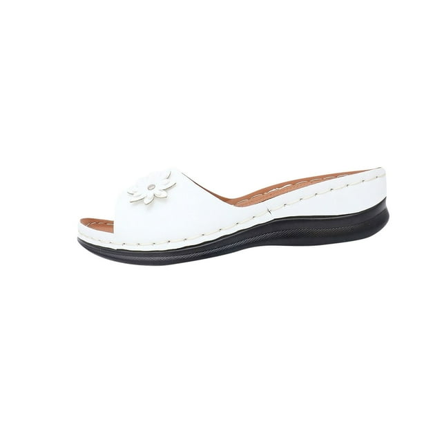 Orthopedic Sandals for Women Wedge Slide Open Toe Flower Decor Non Slip Breathable Beach Summer Leather Slide Sandals White