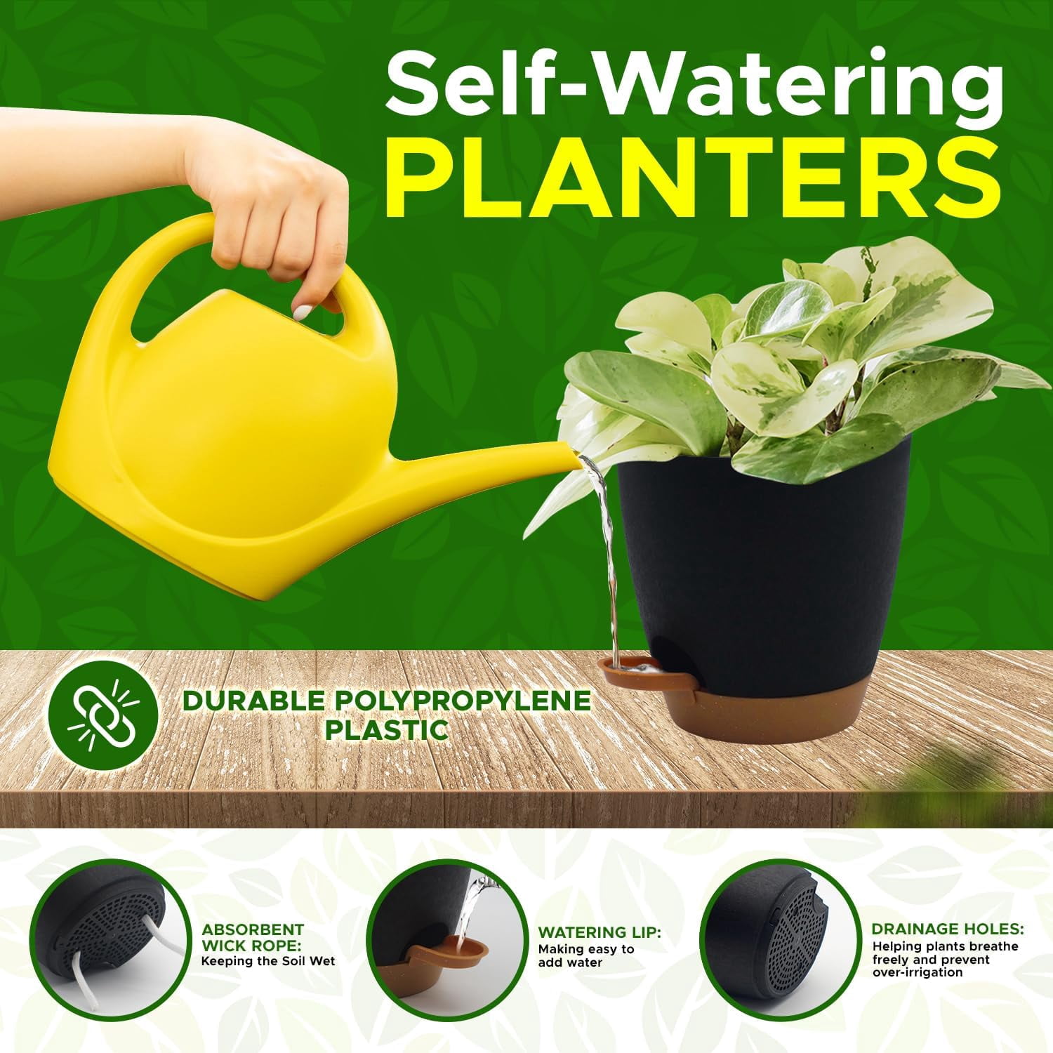 Campior Self-Watering Planters, 5 Sizes with Drainage Holes & Wick Rope, Pack of 20, Black