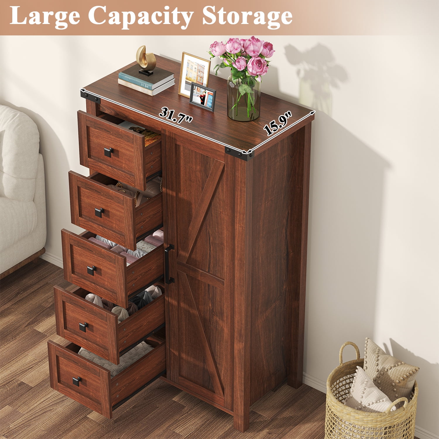 Frmobepts Farmhouse 5 Drawer Dresser with Barn Door, Adjustable Storage Cabinet for Bedroom Living Room, Brown