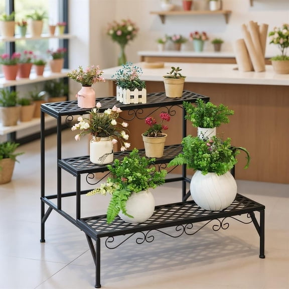 Topcobe 3 Tiers Metal Decorative Plant Stand, Multi Tier Plant Stand Indoor, Stable and Space-Saving, Black