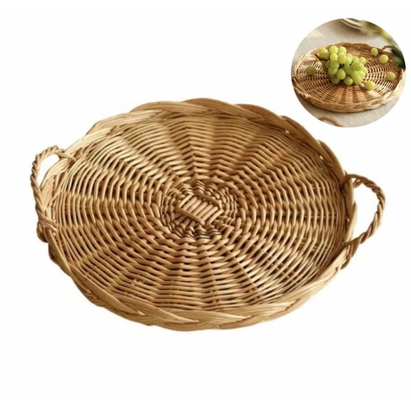 1 Pc Round Wicker Tray,Decorative Tray for Ottomans,Hand-Woven Platter for Snacks,Binaural Portable Tray,Bread Snack Fruit Tray