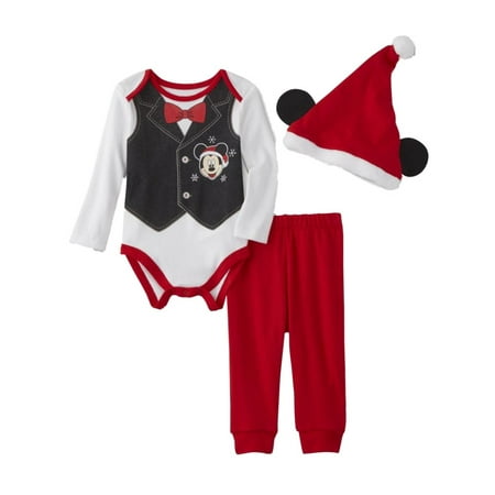 Infant Boys Mickey Mouse Santa Claus Baby Outfit Bodysuit Pants & Hat Set