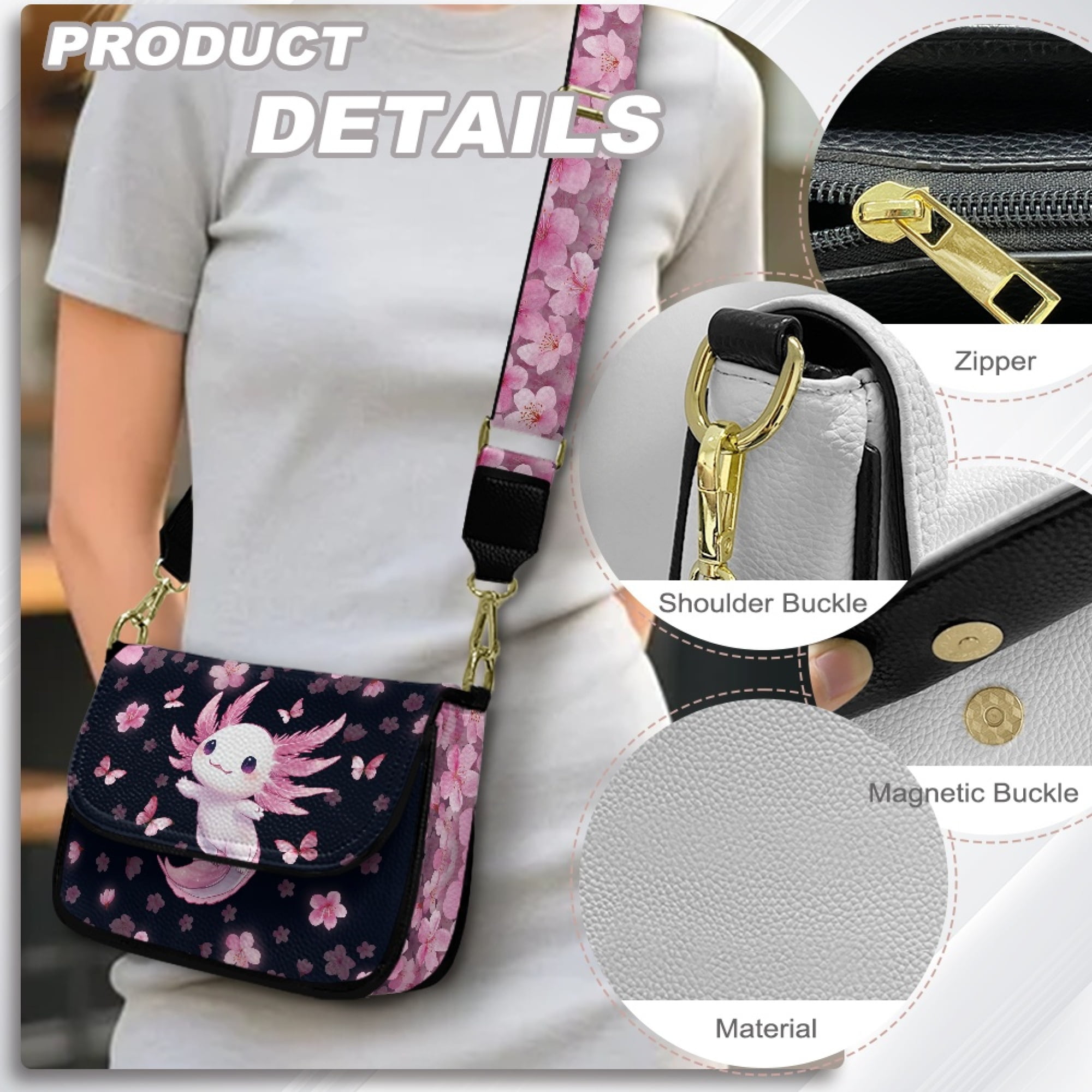 TSOVTHRID Axolotl Butterfly Cherry Blossom Print Crossbody Purse for Women Small Crossbody Bag Crossover Shoulder Bag Cell Phone Leather Handbag with Wide Strap