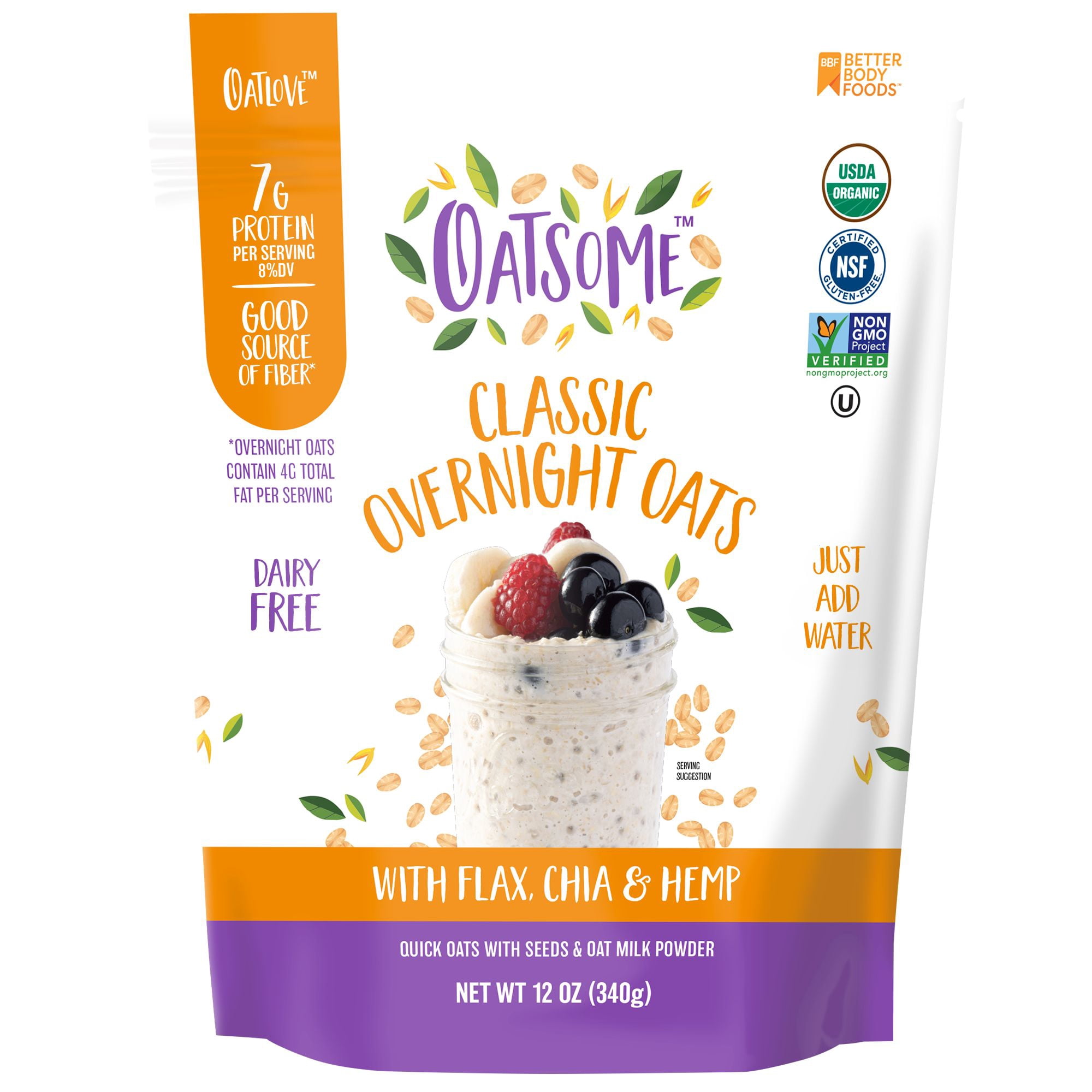 (2 pack) Oatsome Organic & Gluten-Free Overnight Oats with Chia, Flax & Hemp, 12oz Bag