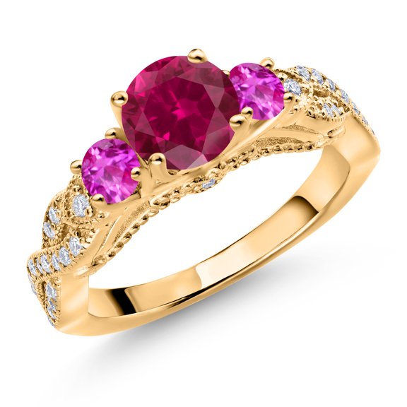Gem Stone King 18K Yellow Gold Plated Silver Red Created Ruby Pink Sapphire and White Moissanite Engagement Ring for Women (1.53 Cttw, Gemstone July Birthstone, Round 6MM and 3MM, Size 6)