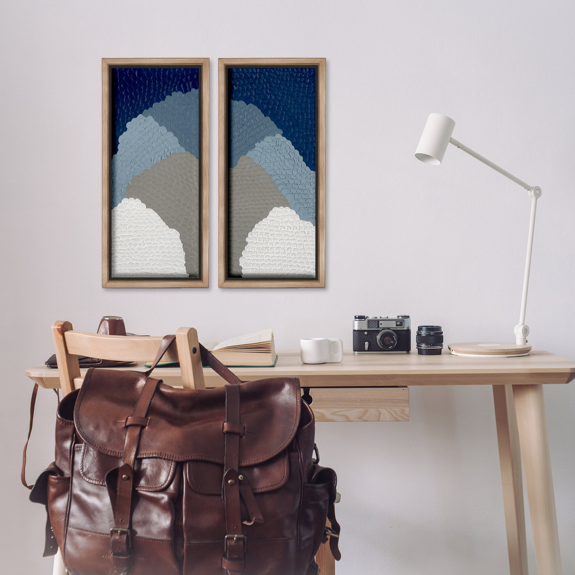 Stupell Industries Textured Blue Abstract Mountains Abstract Painting Brown Floater Framed Canvas Art Print Wall Art, 11 x 25, Set of 2