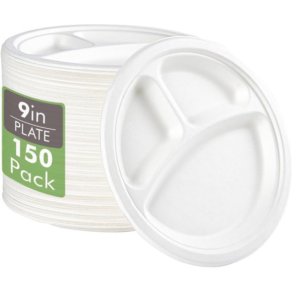 100% Compostable Paper Plates, 150 Pack 9 Inch 3 Compartment Plates Disposable, Heavy Duty Biodegradable Plates Made of Sugar Cane Fibers, for Daily meals, Dinner, Parties, BBQ