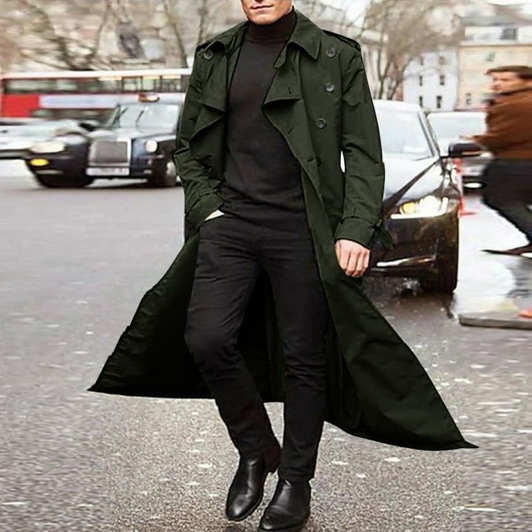 JUNEYUNG Mens Navy Blue Trench Coat Autumn Winter Long Trench Double Breasted Belt Loose Mens Trench Coat Rain Gifts for Men Sale Clearance Walmart