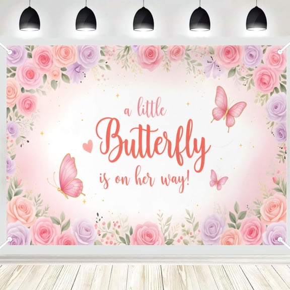 A Little Butterfly Is On Her Way Backdrop, Pink Floral Photography Background, Baby Shower Party Banner for Girl Gender Reveal, Photo Booth Decor 16x24in