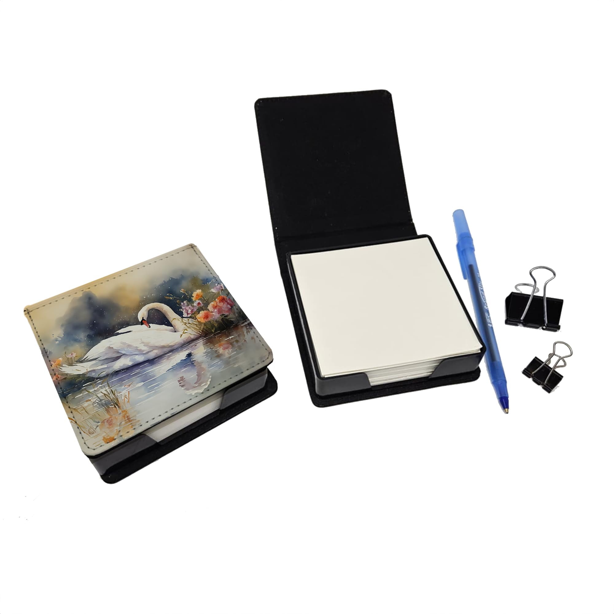 Caroline's Treasures Swan PU Leather Note Paper Holder with Artist-Designed Cover, Desk Accessory, Office Gift