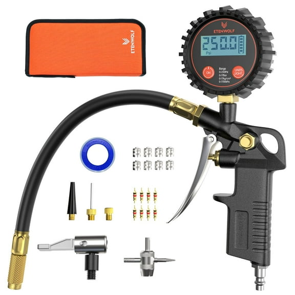 T500 Digital Tire Pressure Gauge with Inflator, Tire Gauge 0-250 PSI, Calibrated to ANSI B40.7 Grade 2A, Air Chuck & Compressor Accessories with Storage Bag, Black