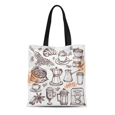 KDAGR Canvas Bag Resuable Tote Grocery Shopping Bags Coffee Collection Sketch with Turk Cups with Beans Croissant Mill Maker Kettle L Tote (Best Croissants Grocery Store)