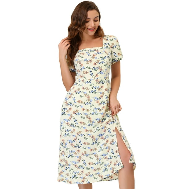 Vestido Floral Con Escote Cuadrado Para Mujer Vestido A Media Pierna Con Abertura Y Manga Corta Abullonada Blanco S