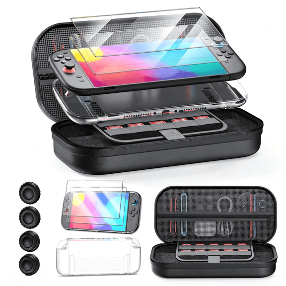 Hard Shell Carrying Case Bundle Compatible with Nintendo Switch 2, Includes Clear Protective Cover, 9H Tempered Glass Screen Protector & 4 Thumb Grips