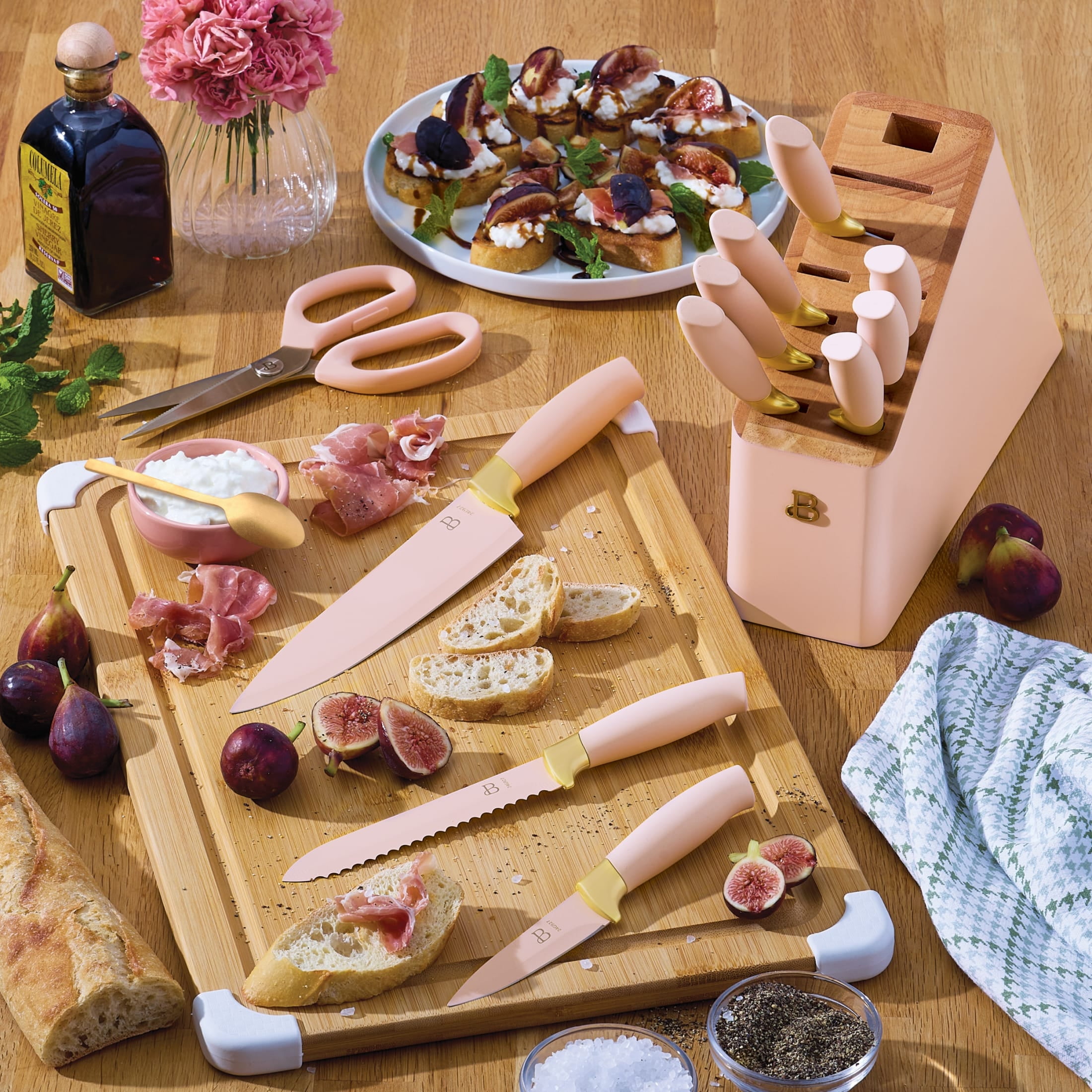 Beautiful 12 Piece Stainless Steel Knife Knife Set Block Soft Grip Handles Rose by Drew Barrymore