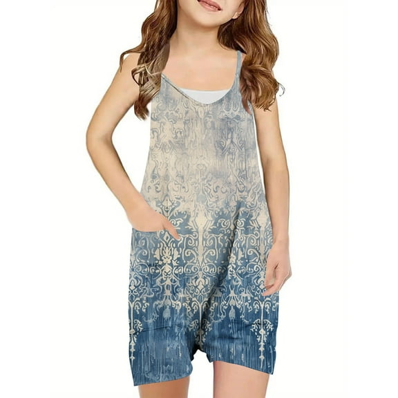 Odeerbi 5-13 Years Kids Girls Summer Shorts Jumpsuit Retro Print Camisole Romper Casual Breathable Comfortable Suspender Overalls Bib Overall Shorts