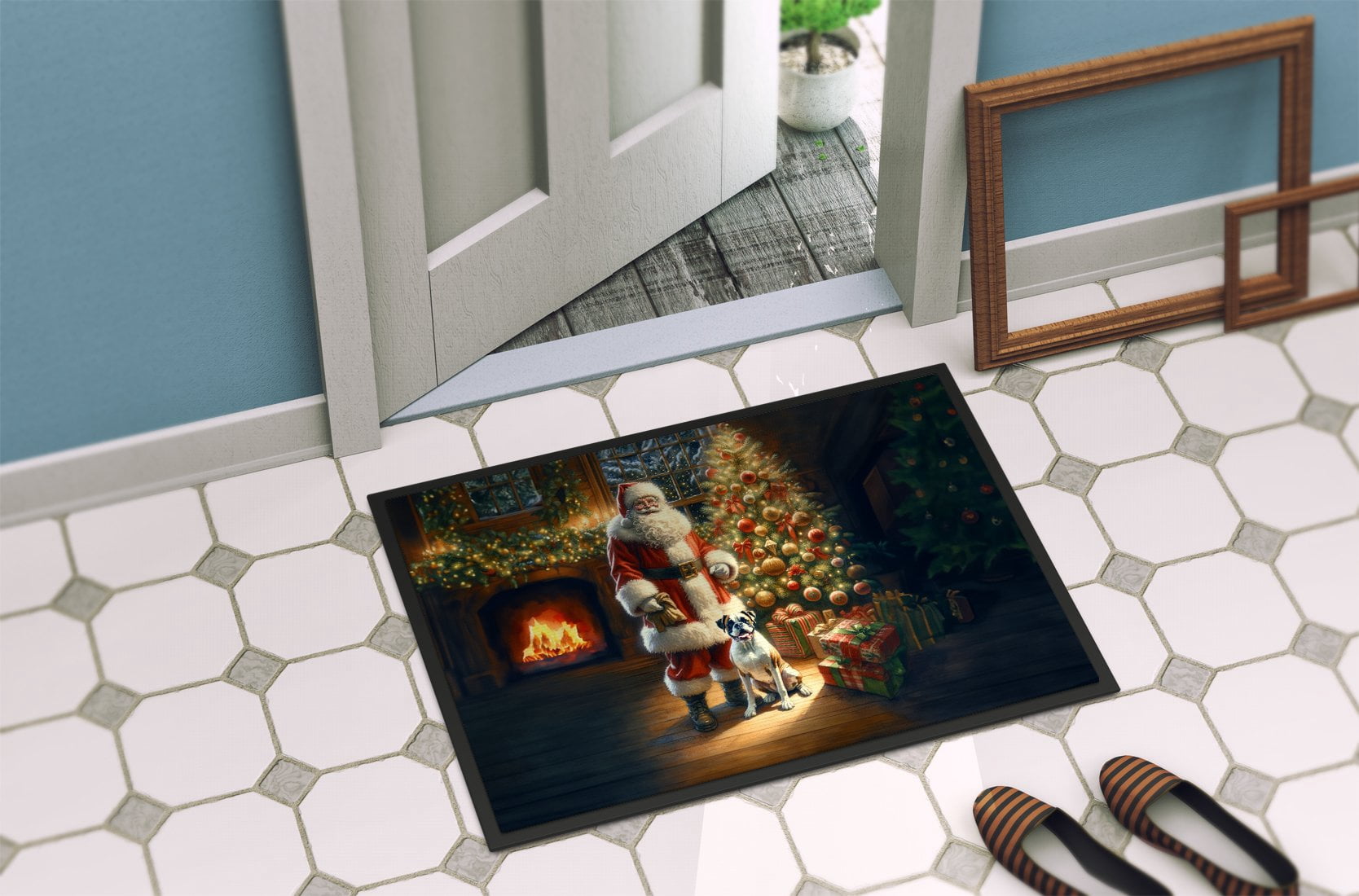 Boxer and Santa Claus Doormat 27 in x 18 in