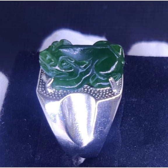 Chinese Tibetan Silver Inlaid Jade Pixiu Men's Ring with Adjustable Opening