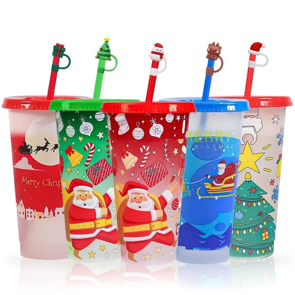 5 Pack Christmas Color Changing Cups with Lids and Straws,Plastic Tumblers with Lids and Straws Bulk For Christmas Decorations,Reusable Cups For Christmas Party,24 oz