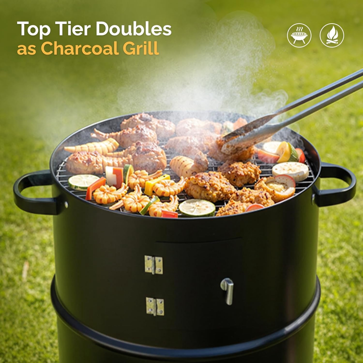 Upgraded 18 Inch Multi-Layer Charcoal Smoker Grill with Chimney, Heavy Duty Round Grill, Vertical Smoker with Thermometer, for Outdoor Cooking, Patio, Parties, Backyard BBQ
