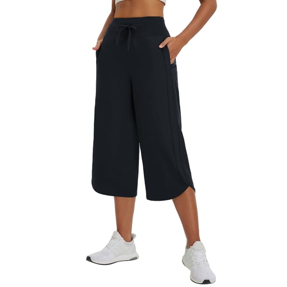 BALEAF Women's Capri Pants Wide Leg Athletic Yoga Capris with Pockets Quick Dry Hiking Pants Loose Lounge Summer UPF 50 Black L