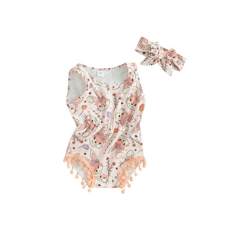 FEORJGP Toddler Bodysuits Summer Easter Clothes Infant Baby Girls Sleeveless Rompers Crew Neck Bodysuit Floral Rabbit Print Bobbles Jumpsuits with Headband Newborn Loose CasuaL Cute Outfits