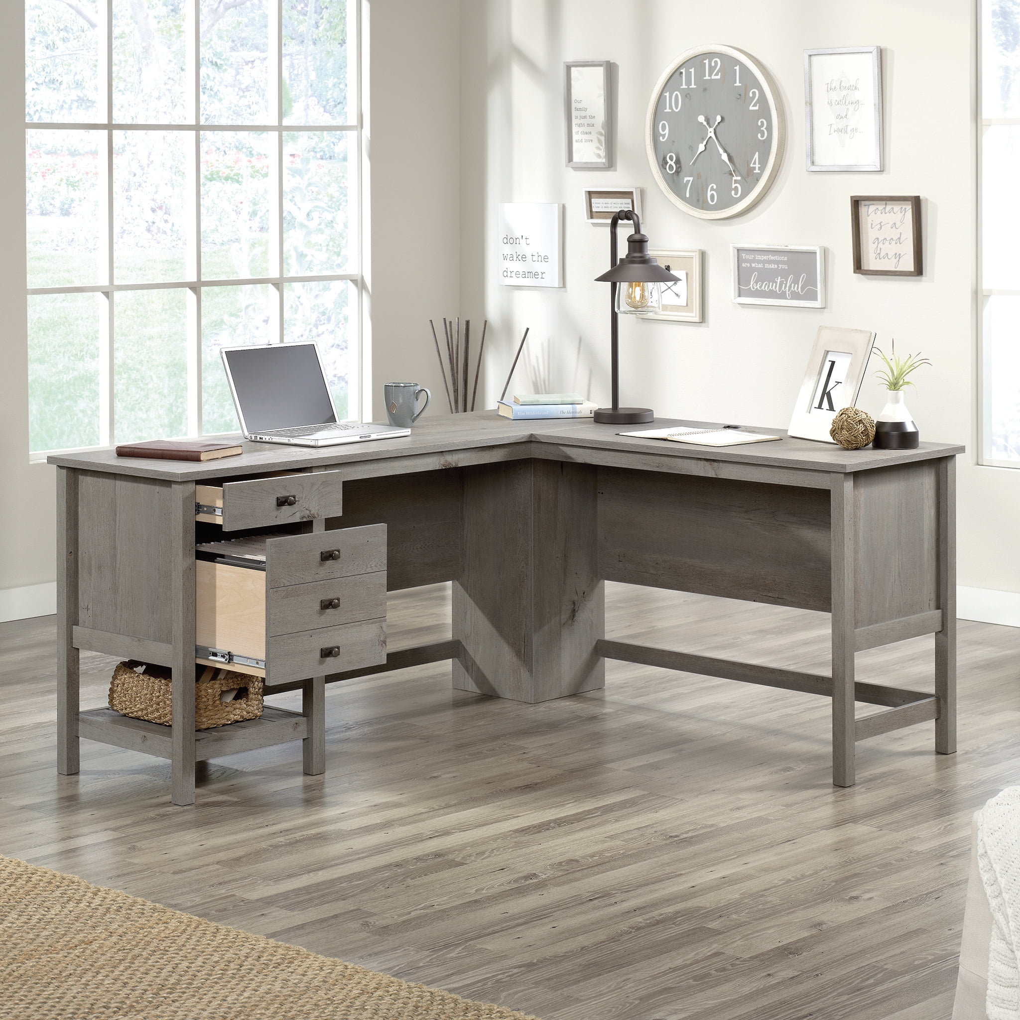 Sauder Cottage Road L-Shaped Desk, Mystic Oak Finish