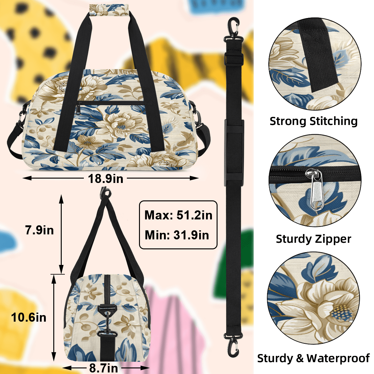 Herdesigns Flower Vintage Sports Duffle Bag for Women & Men, Gym Bag Dance Bag Overnight Bag Carry On Weekender Travel Bag