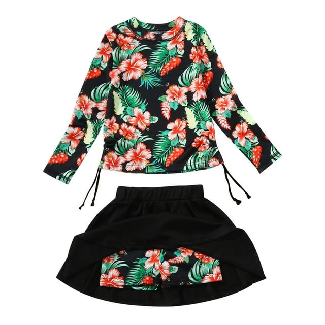 Kid Girl Swimwear Rash Guard Set Ruffle Sun Protection Long Sleeve Bathing Suit 7-8 Years