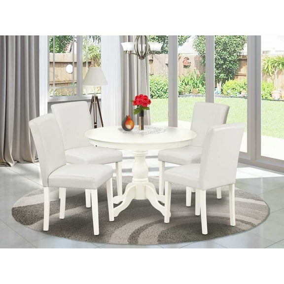 East West Furniture HBAB5-LWH-64 5 Piece Dining Table Set - Linen White Small Dining Table and 4 White Faux Leather Mid Century Modern Dining Chairs with High Back - Linen White Finish