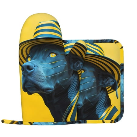 

Stylish Yellow Dog Oven Mitts and Pot Holders Sets Heat Resistant Silicone Oven Mitts Pot Holders for Kitchen Cooking Baking Non-Slip Oven Gloves Hot Pads Potholders