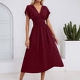 thumbnail image 3 of RUTAYY Women's Dress Casual V-Neck Solid Color Short Sleeve Waist Pleats Soft Comfortable Daily Wear Beach Vacation Dresses, 3 of 6