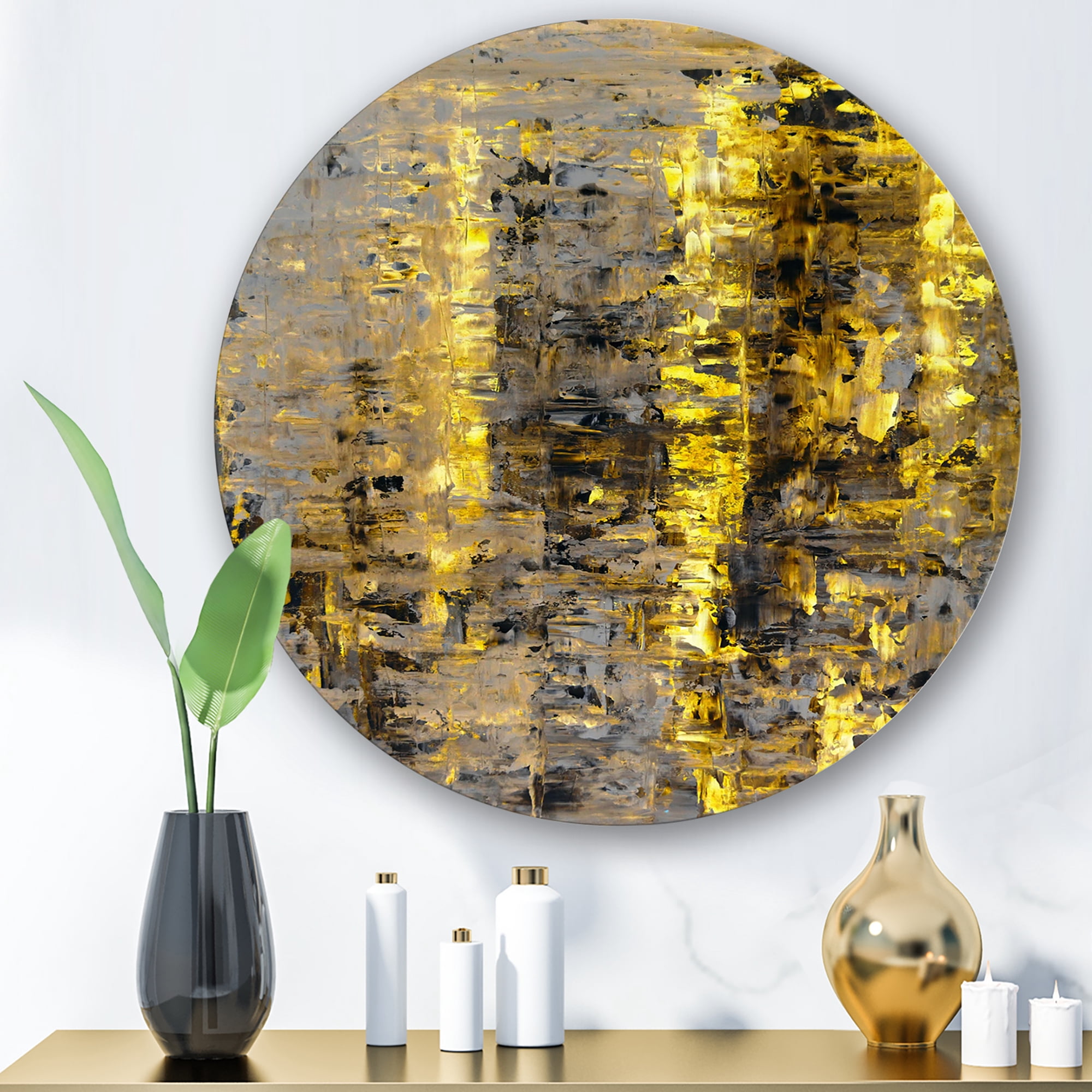 Designart 'Grey Meets Yellow Abstract Art II' Modern Circle Metal Wall Art 23x23 - Disc of 23