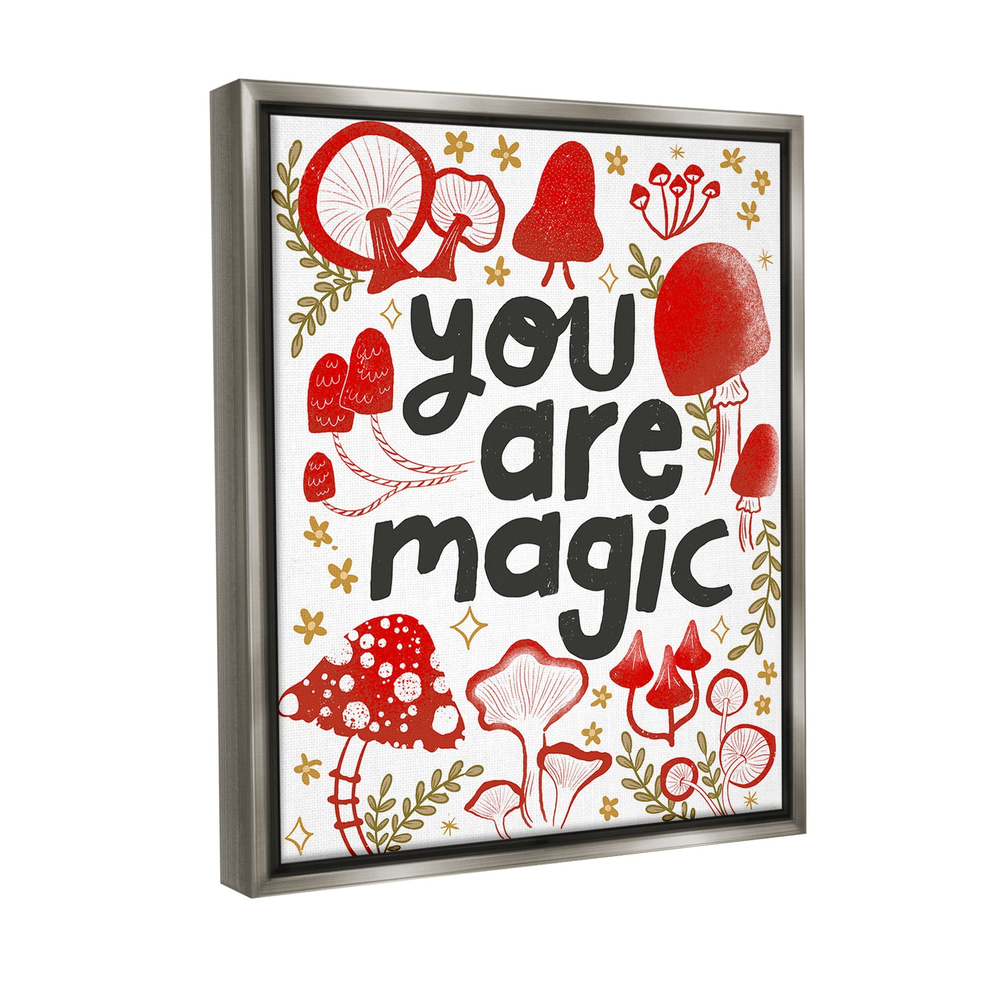 Stupell Industries Magic Phrase with Mushrooms Botanical & Floral Painting Gray Floater Framed Canvas Art Print Wall Art, 17 x 21