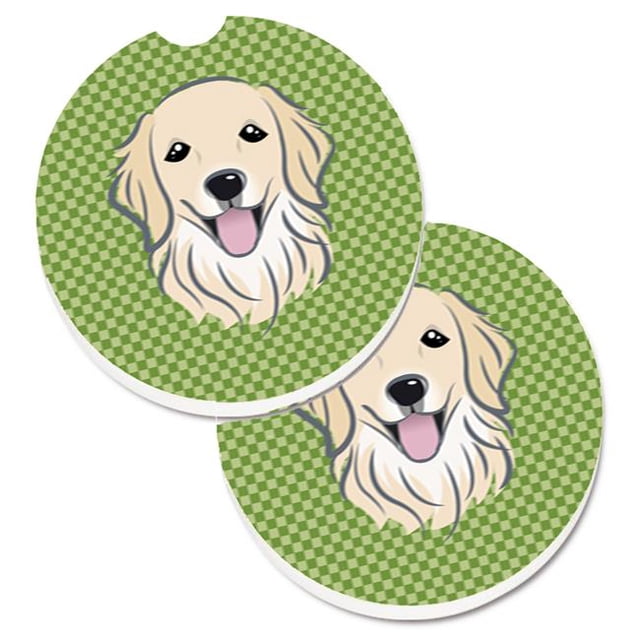 Green Checkered Golden Retriever Set of 2 Cup Holder Car Coaster