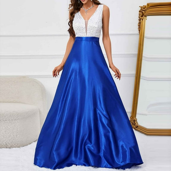 Cavosen Long Dresses for Women Formal Blue Elegant Sleeveless A-Line Party Dress V-Neck Color Block Floor Length Maxi Dress Flowy Bodycon Wrap Wedding Guest Dress Evening Prom