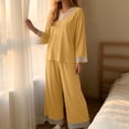 thumbnail image 5 of YYDGH Pajamas Sets for Women Two Piece Lounge Outfits Lace Trim V Neck Top Long Sleeve Tops and Wide Leg Pants Sleepwear Loungewear Nightwear Suit, 5 of 6