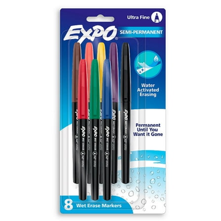 Expo Wet Erase Semi-Permanent Markers, Assorted, Ultra Fine Tip, 8 Count