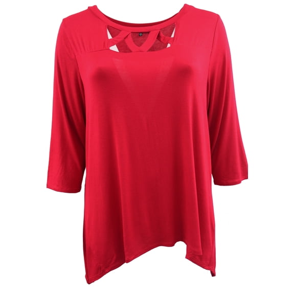 Women's Plus-Size Solid Round Neck Cross Asymmetrical Fashion Blouse Tee Shirt Top Red 3X G170.37L BNY Corner