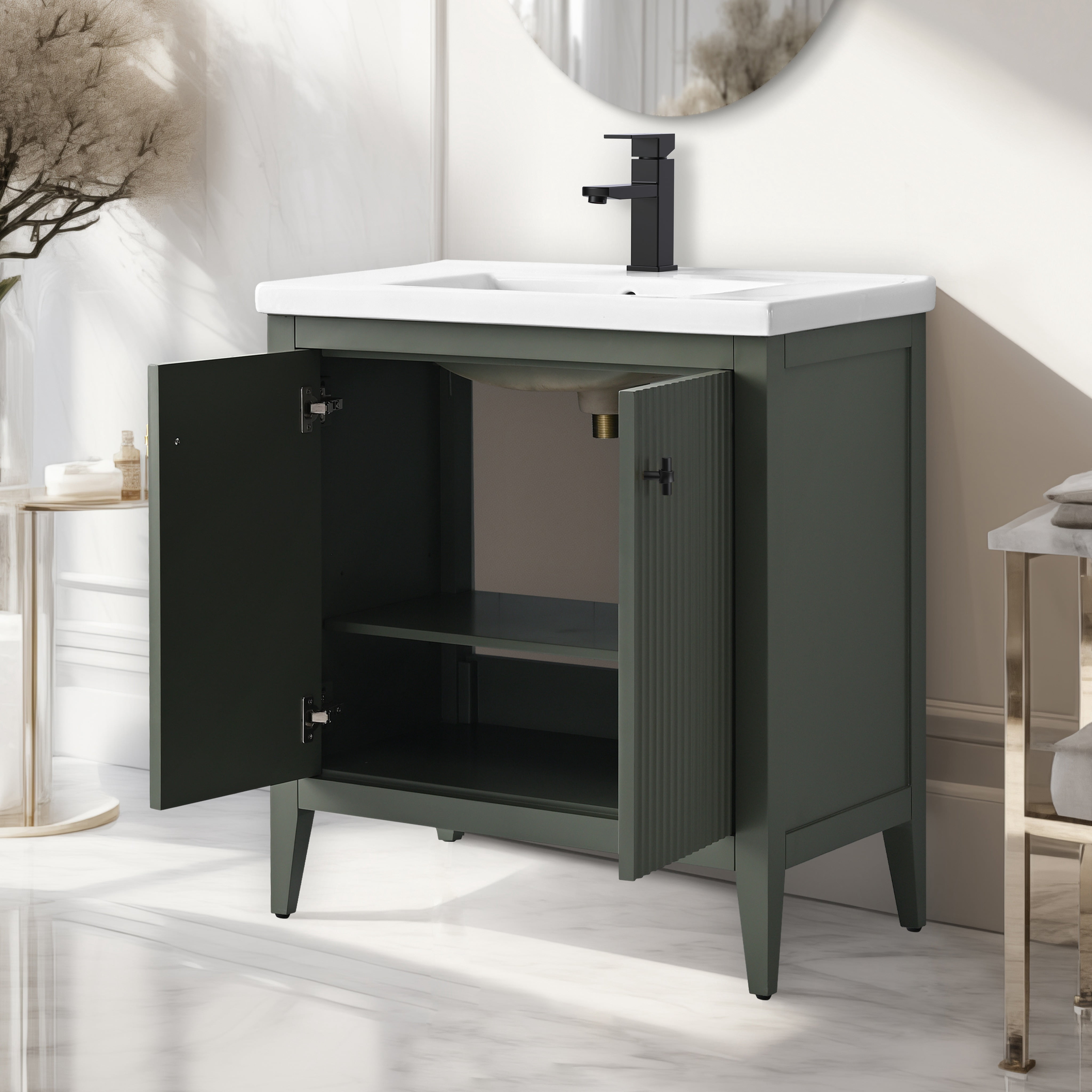 Vanity Art 30" Double Door Bathroom Vanity with Sink, Freestanding Storage Cabinet with Ceramic Top, and Removable Shelve