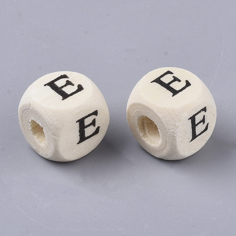 Printed Natural Wood Beads Horizontal Hole Cube with Initial Letter PapayaWhip Letter E 10x10x10mm Hole: 3.5mm about 950~1000pcs/500g