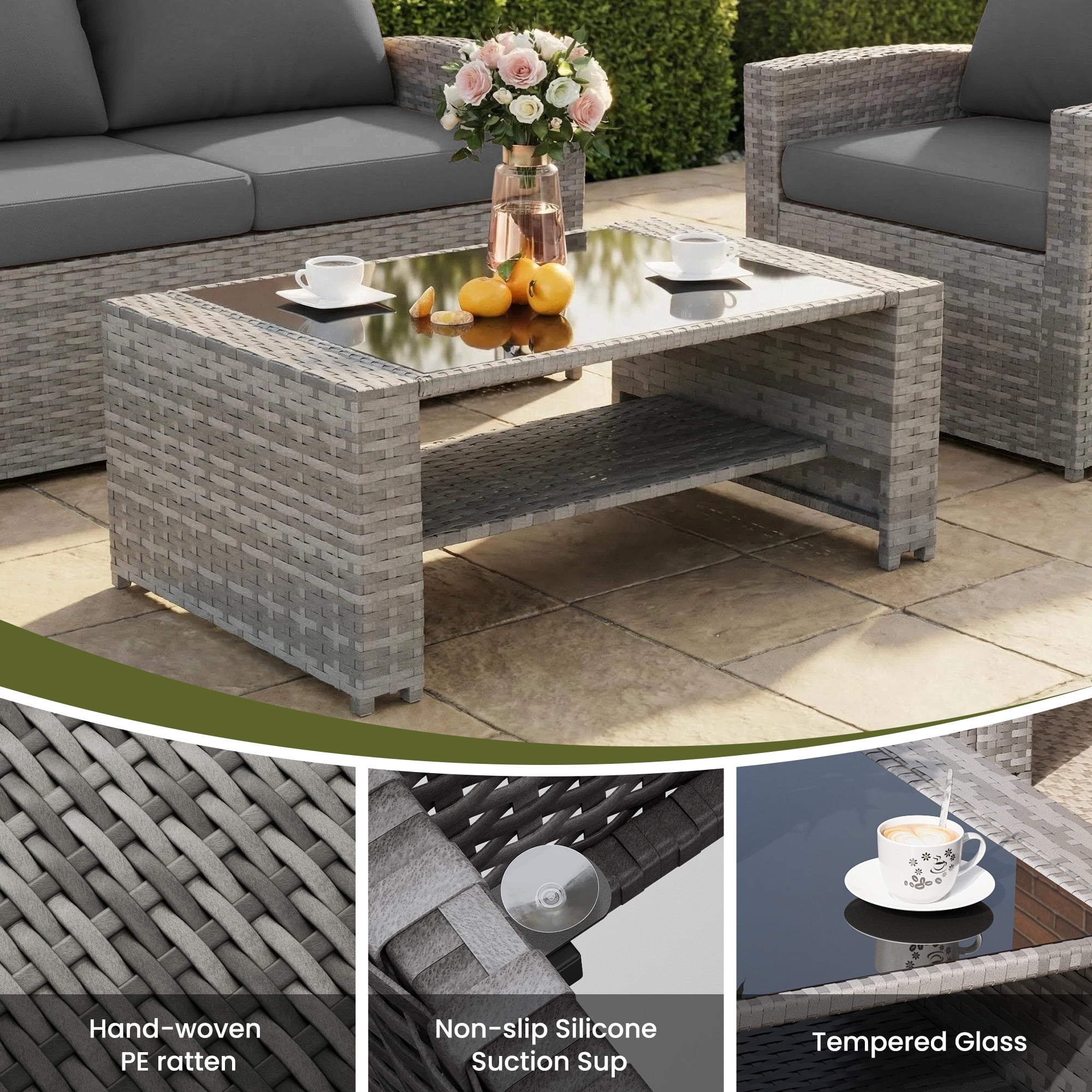 ELPOSUN 7 Pieces Outdoor Sectional PE Rattan Conversation Sofa Set with Gray Wicker, Gray
