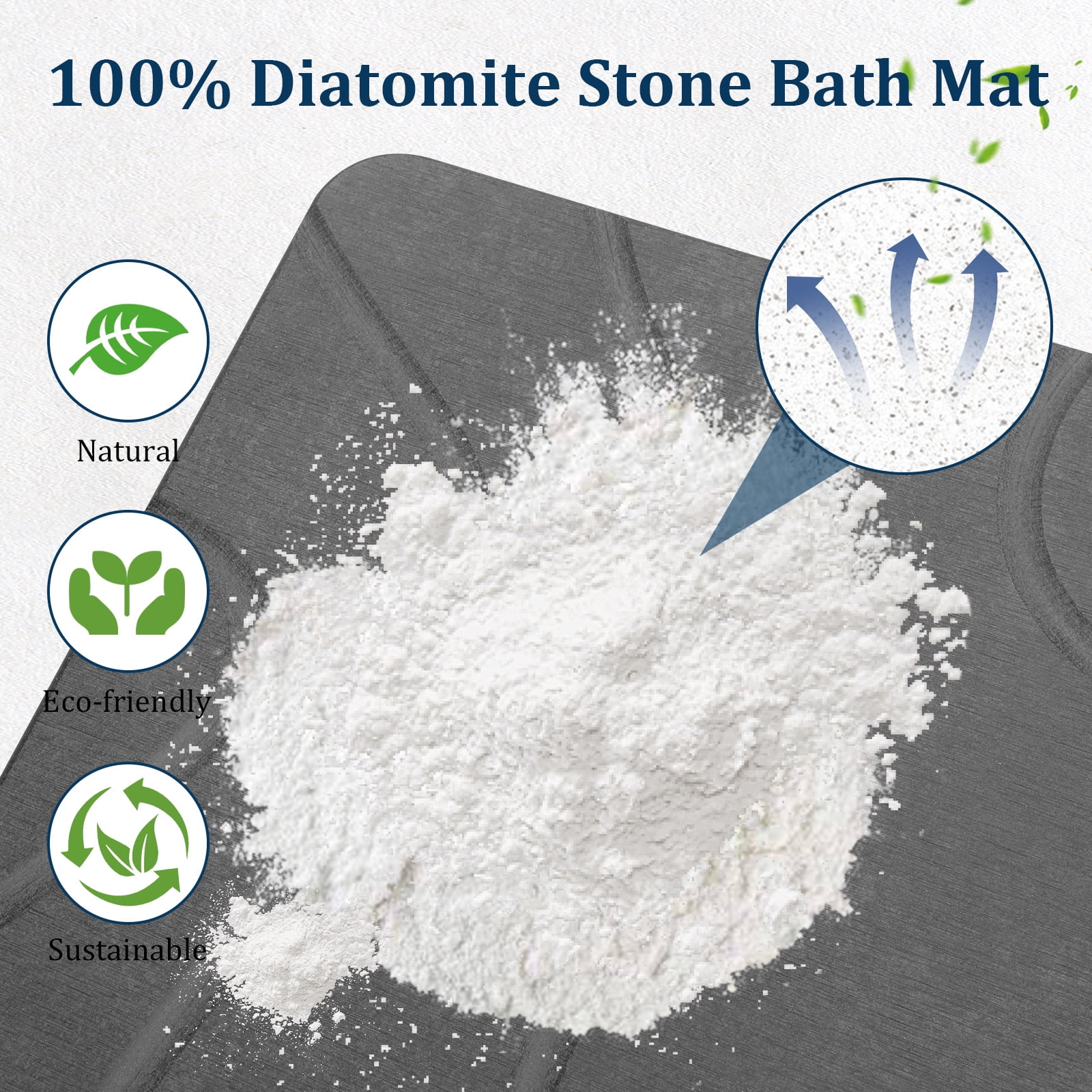 LIZEVINC Non-Slip Diatomaceous Earth Stone Bath Mat – Super Absorbent Quick Dry Diatomite Shower Mat for Bathroom Floor, Fast Drying Bathroom Mat, 23.6" x 15.4", Deep Gray