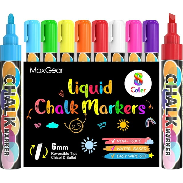 miduoduo-Chalk Markers, 8 Color Washable Liquid Chalk Marker for Chalkboard, Wet Erase Window Marker for Glass 6mm Reversible Bullet & Chisel Tip for Glass, Window, Mirror, 8 Count (Vibrant)
