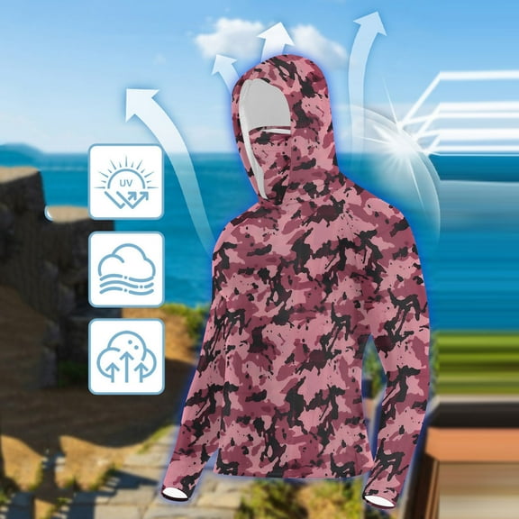 PiGOGI Women's Sun Protection Shirts UV SPF UPF 50 Hooded Mask Camouflage Long Sleeve Outdoor Top for Fishing Hiking Running Multicolor XL