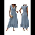 thumbnail image 3 of Vestido de Verano para Mujer, Elegante, con Escote en V, Volantes, Mangas Sueltas, Cintura Plisada, para Invitada de Boda. Azul XXL, 3 of 7