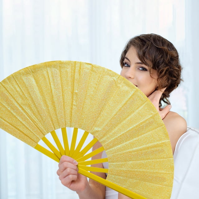 Birdeem 13 Inch Martial Arts Fan, Dance Fan with Golden Glitter, Kung Fu Training and Performance Prop, Plastic Design Includes Storage Bag