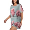 thumbnail image 2 of Uemuo Adorable Pink Fluffy Birds Pattern Women's Short-Sleeved Pajama, Button-Front Loungewear, 2-Piece Summer Sleepwear, Elastic Drawstring Shorts-Large, 2 of 7