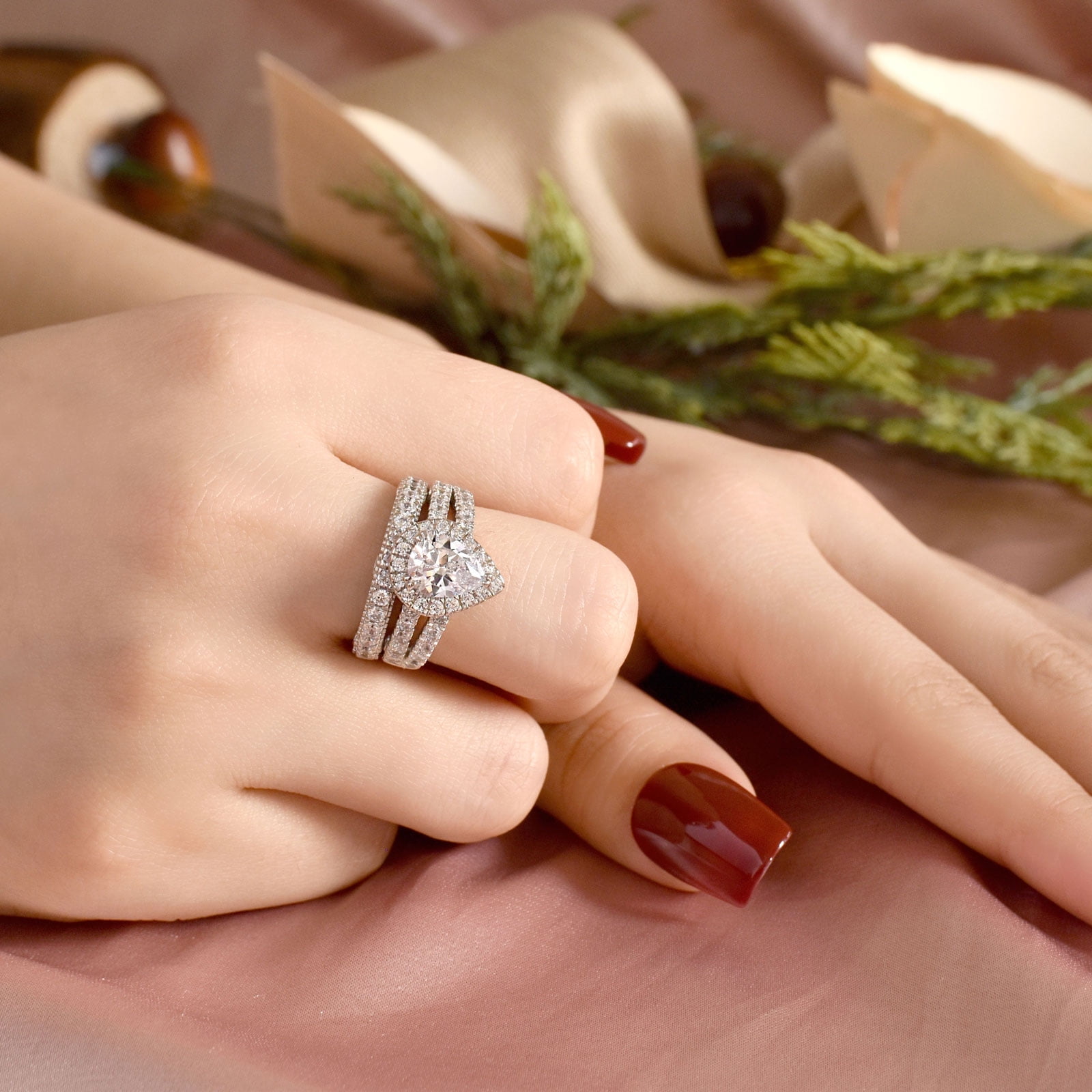 Wuziwen 4 Ct Wedding Engagement Ring Set for Women Pear Sterling Silver Ring Cubic Zirconia Size 9