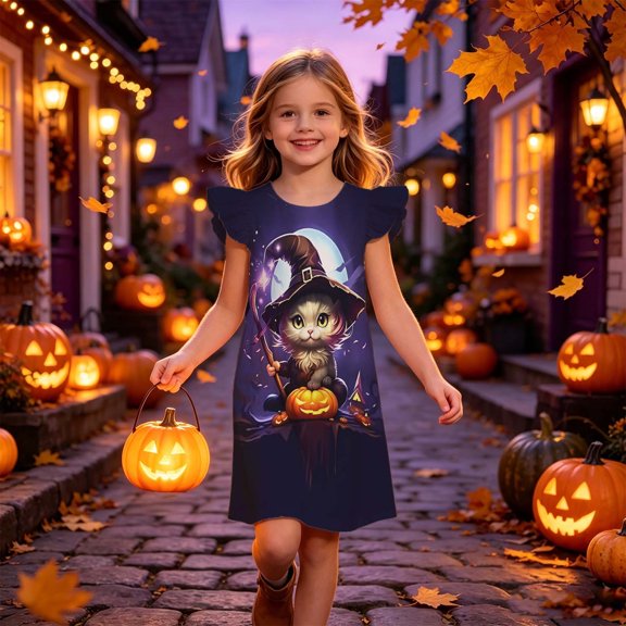 WhouRiu Girls Halloween Graphic Dresses Kids Cute Flutter Sleeve Nightgown 3-10 Years